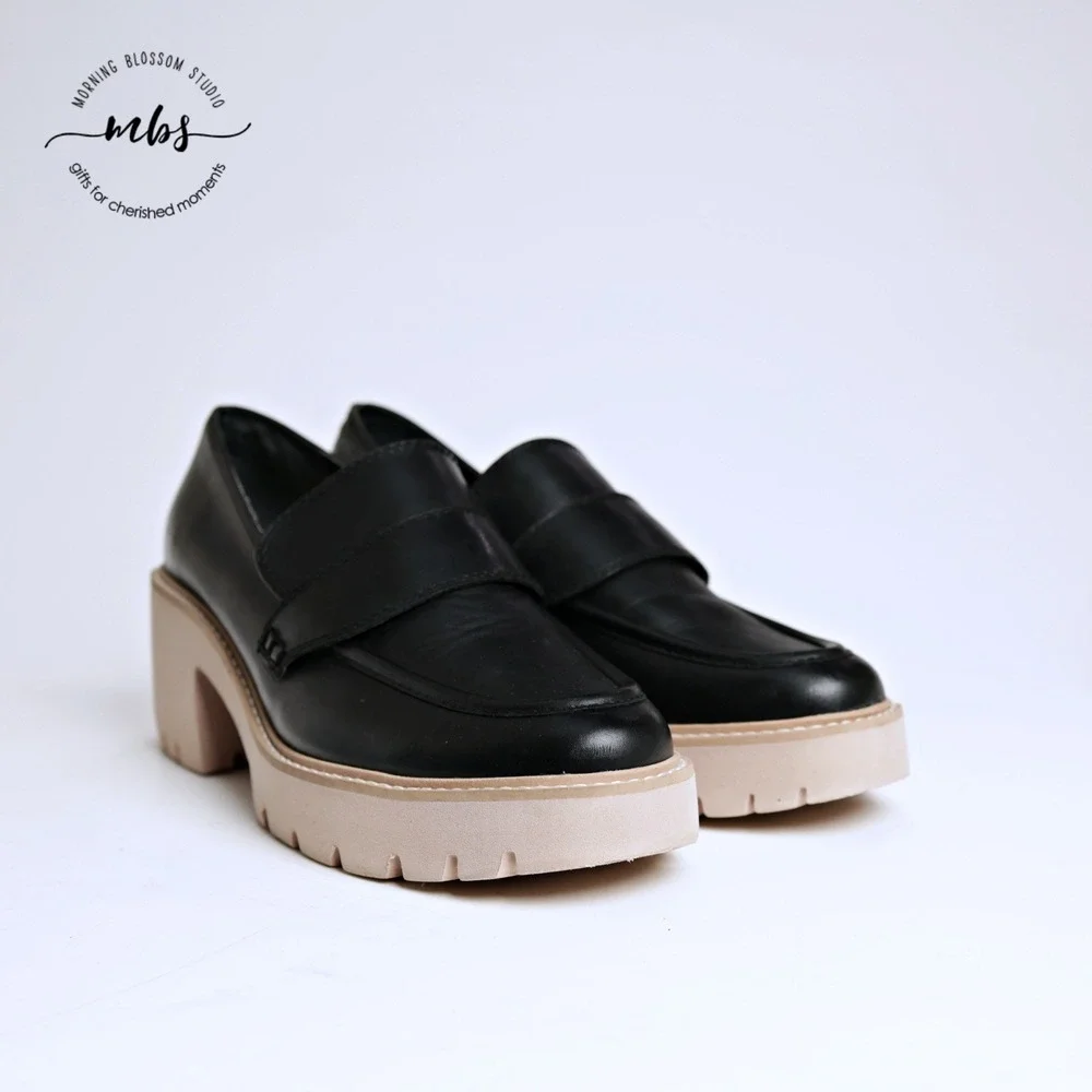 Dolce Vita Halona Leather Chunky Lug Sole Penny Platform Loafers Black Women 9.5